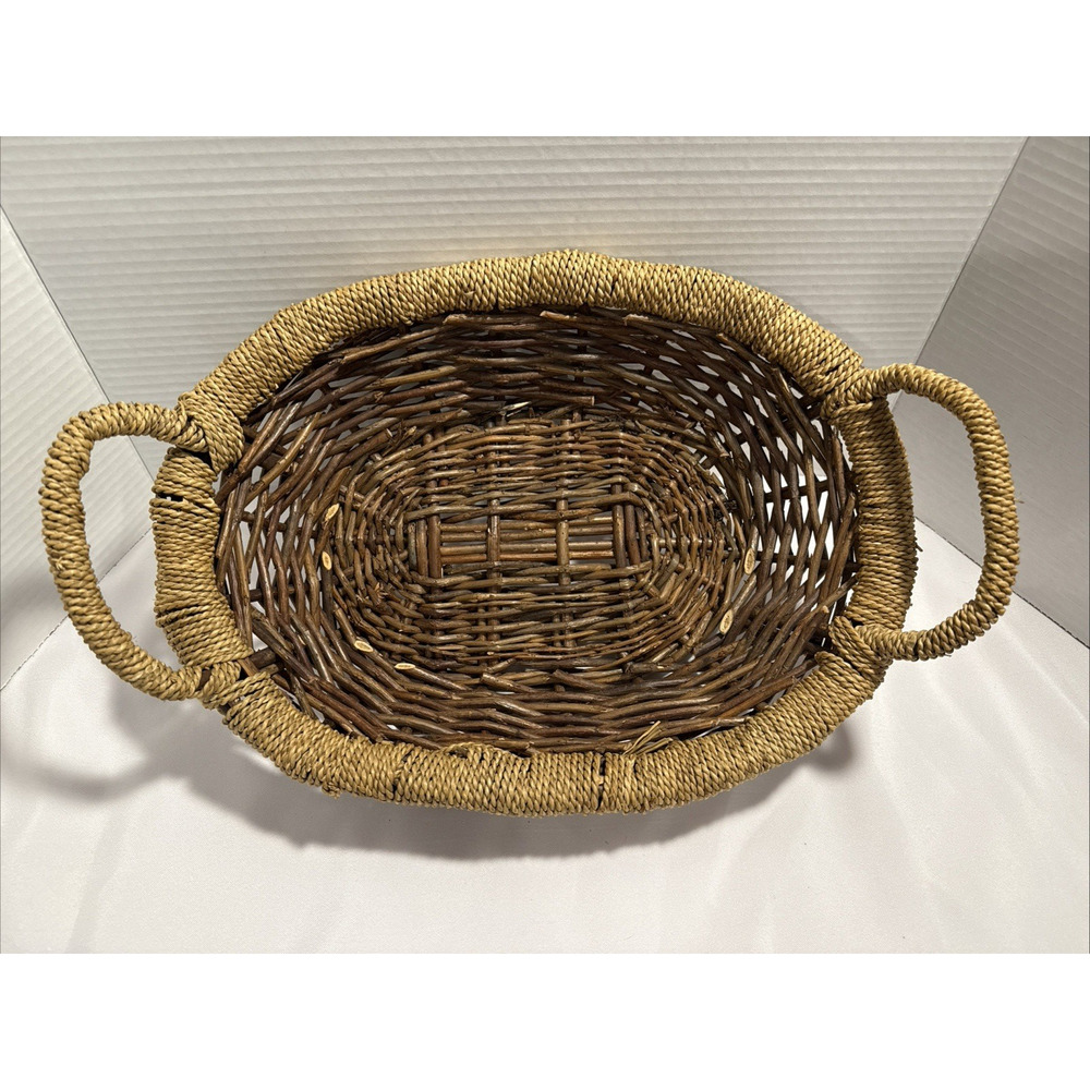 Woven Wicker Rattan Egg Gathering Basket Woven Rope Handle & Edge, Farmhouse